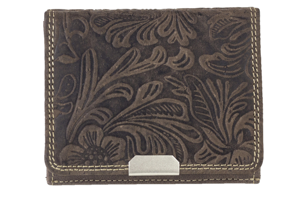 LEAS Wiener Schachtel mit RFID-Schutz Blumen-Print im Ausweis-Format mit großer Kleingeldschütte im Vintage-Style, Echt-Leder, braun